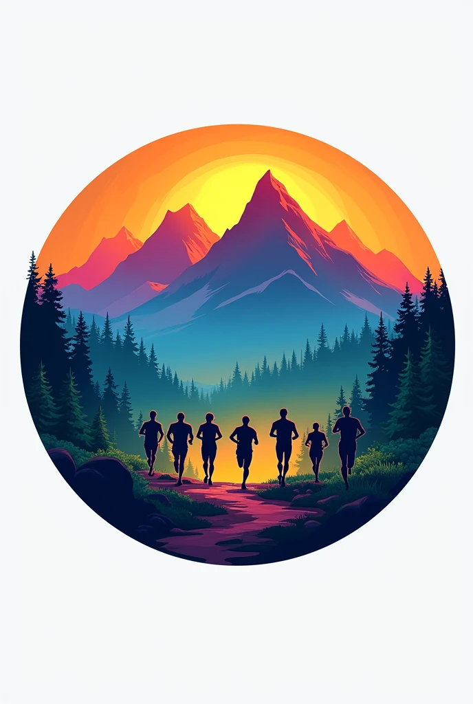 A minimalist mountain nail logo, a group of 5 people running in those mountains, that it looks more colorful and a bigger forest, Now that the logo is round and more colorful and the background can be removed
