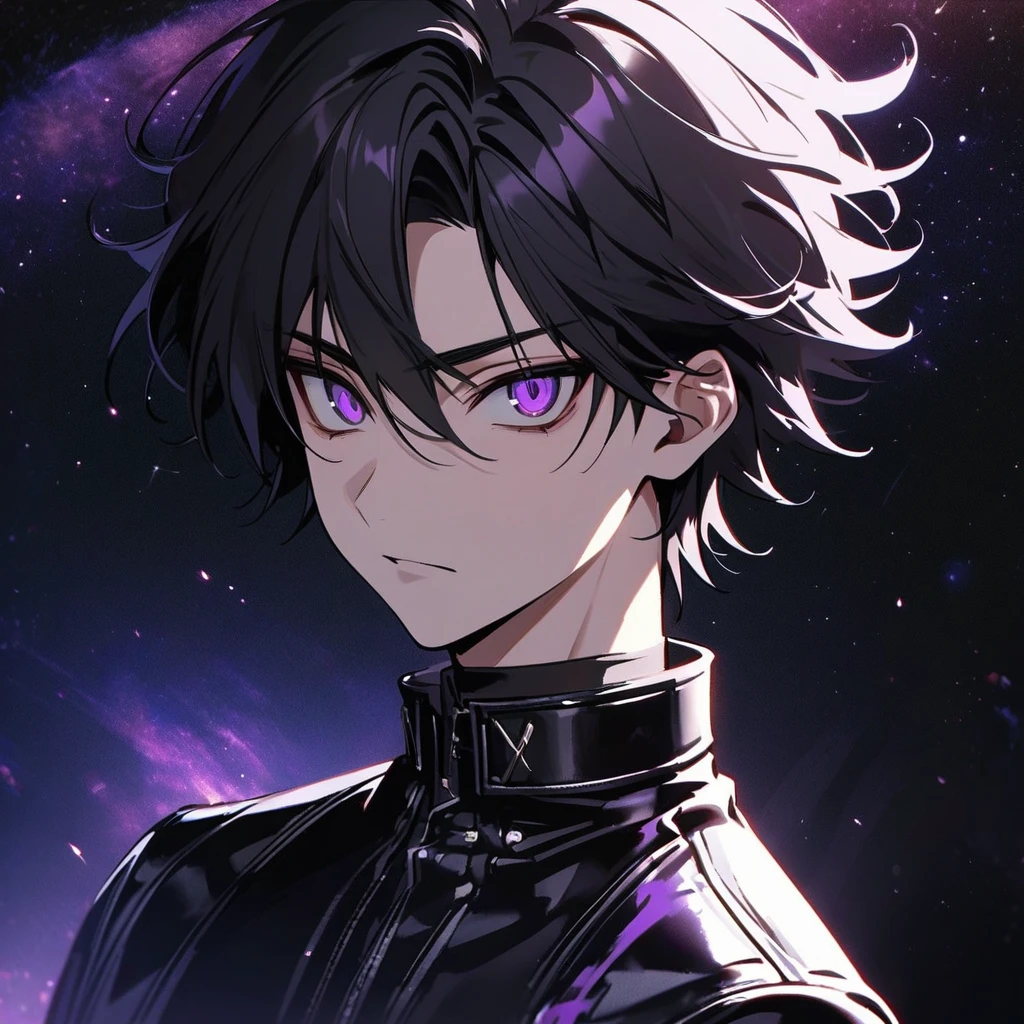 High quality, HD, 4k, no shadows, handsome male, handsome, extremly handsome, 1male, 1 male, teenager, pure black hair, short black hair, dark hair, black hair, jet black hair, sharp eyes, deep purple colored eyes, dark purple colored eyes, deep violet eyes, violet eyes, devil may cry, close up, calm expression, stoic expression, black leather clothes, black leather clothing, leather clothing, lean body, well trained body, upper body, looking at viewer, cowboy shot, white solar, space background