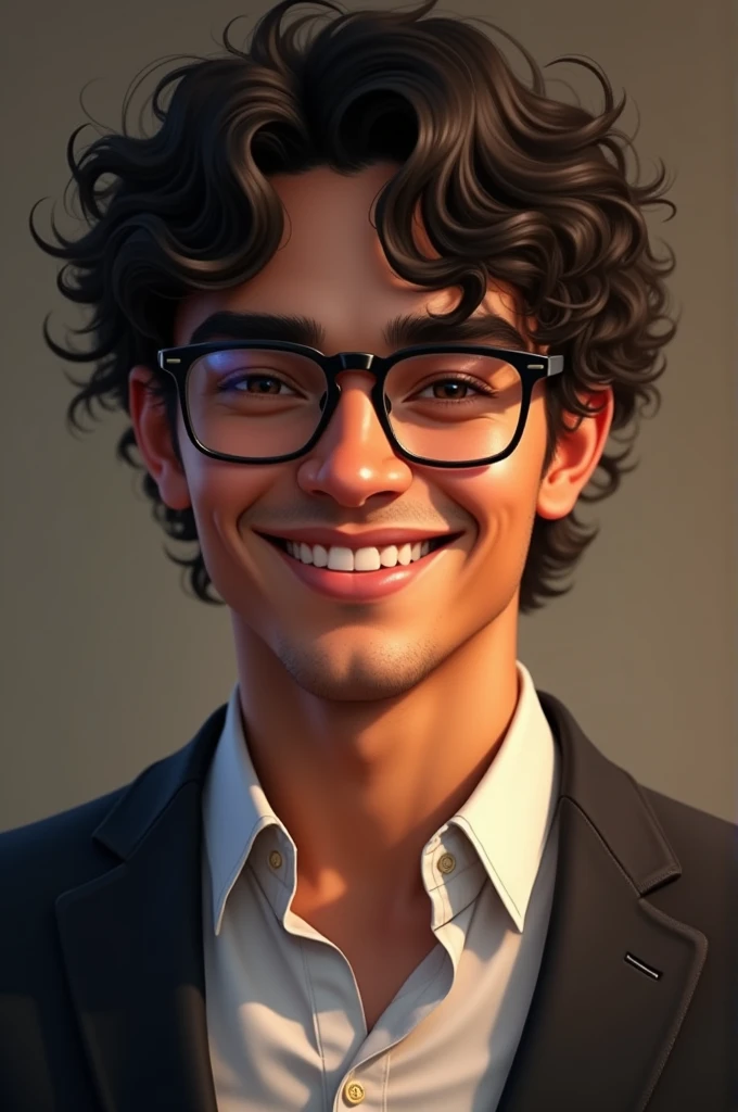 Mexican boy of 20 years old with dark skin, curly hair, a little short, with black glasses, a little thin and with elegant clothes, smiling and with holes in his cheeks