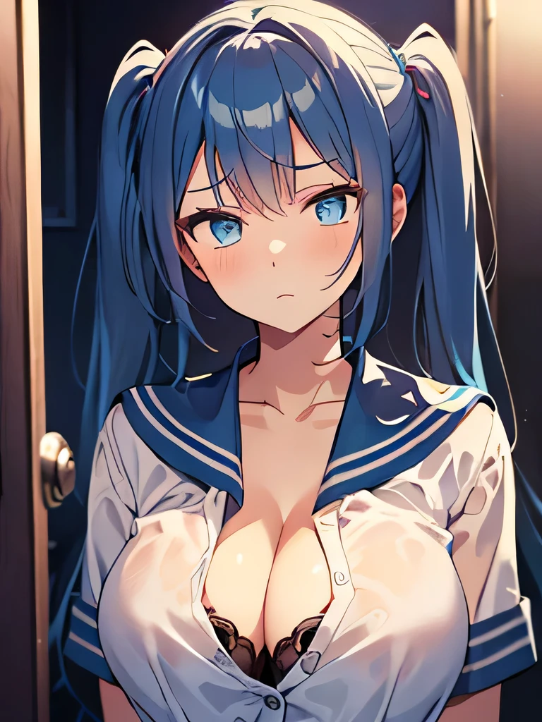 dark bathroom background, long blue hair, twin ponytails, student, dark blue white sailor uniform, big breasts, unbuttoned blouse, cleavage, blank expression, drug dealer, eyes half-open, eyebrows relaxed