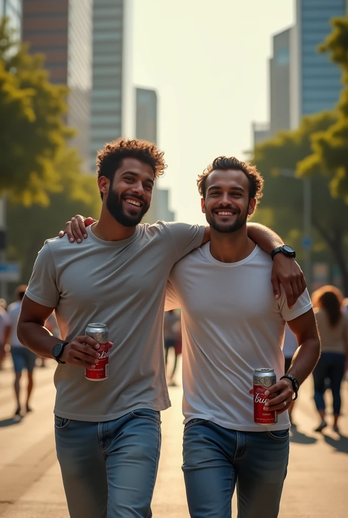 Two male friends walking on Paulista Avenue holding a can of Budweiser beer