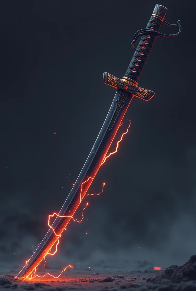 make a one black katana in a horizontal position that has a same 2d graphics of ninja saga and add black flame and lightning on the blade