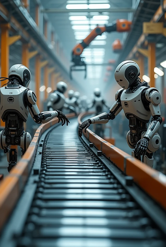 Robot factory, conveyor belt, robots transporting