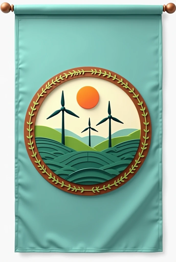 Flag Design Description:
Overall Shape: The flag is rectangular with a 3:2 ratio, creating a balanced and professional appearance suited for various settings.
Primary Colors:
Top Half: Forest Green (#228B22), symbolizing sustainability, nature, and the focus on renewable energy.
Bottom Half: Sky Blue (#87CEEB), representing clean energy, clarity, and the sky, indicative of wind and solar power.
Borders: The flag features a thin border in Earth Brown (#8B4513), reflecting the grounding and natural aspect of the company’s commitment to environmental sustainability.
Central Emblem Placement: The emblem is prominently positioned at the center, making it the focal point of the flag.
Emblem Design:
Core Symbol:
Renewable Energy Icon: The emblem showcases a stylized representation of renewable energy sources:
Wind Turbine: A modern, sleek wind turbine with three blades in a gradient from light green to white. The turbine is placed on the left side of the emblem, symbolizing wind energy.
Solar Panel: A stylized solar panel with a geometric pattern in varying shades of blue and white, placed on the right side of the emblem. The panel represents solar power and clean energy innovation.
Sun: Above the wind turbine and solar panel, a radiant sun in a gradient of yellow and gold is depicted. The sun has subtle rays extending outward, symbolizing solar energy and its far-reaching impact.
Circular Frame:
Design: The wind turbine, solar panel, and sun are enclosed within a circular frame in Earth Brown. The circle is slightly embossed, creating a 3D effect that emphasizes unity and wholeness in the company’s approach to renewable energy.
Pattern: The circular frame features a subtle pattern of interlocking leaf motifs or vines, representing growth, sustainability, and the natural world.
Surrounding Elements:
Base Element: The emblem has a base of rolling hills in dark green and light brown, symbolizing the land and the natural resources the company is committed to protecting