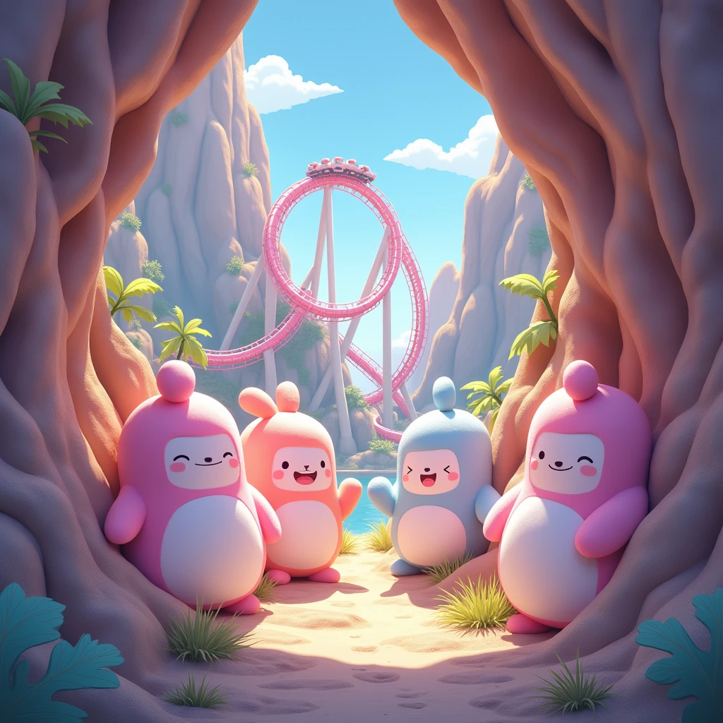 female squishmallows drawing (inside the giant rock, rollercoaster,)