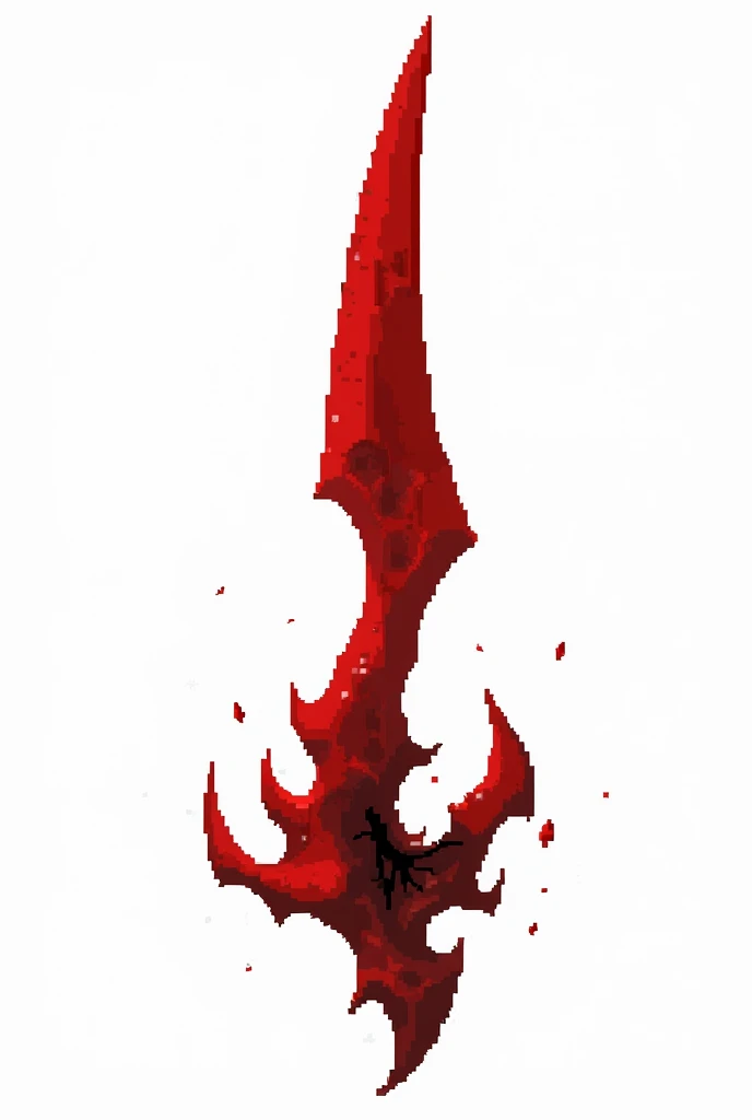 A sword projectile in the style of a pixel drawing, made from a solid blood crystal in which vessels of black void are present.