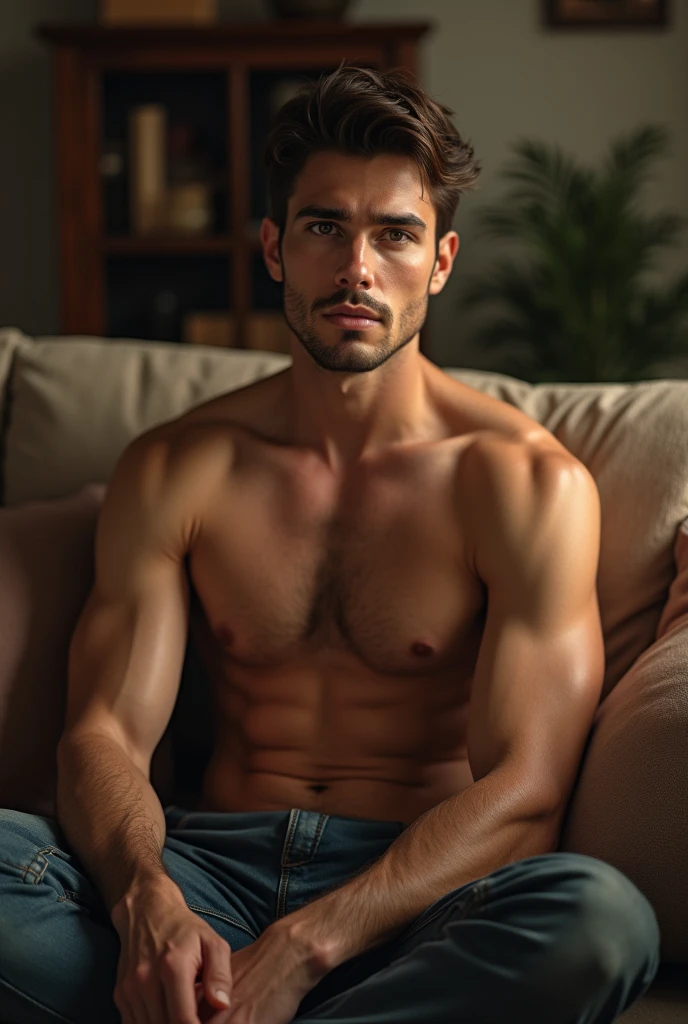 a man, slightly muscular, with brown hair and eyes, shirtless, naked, sitting on the sofa in the living room