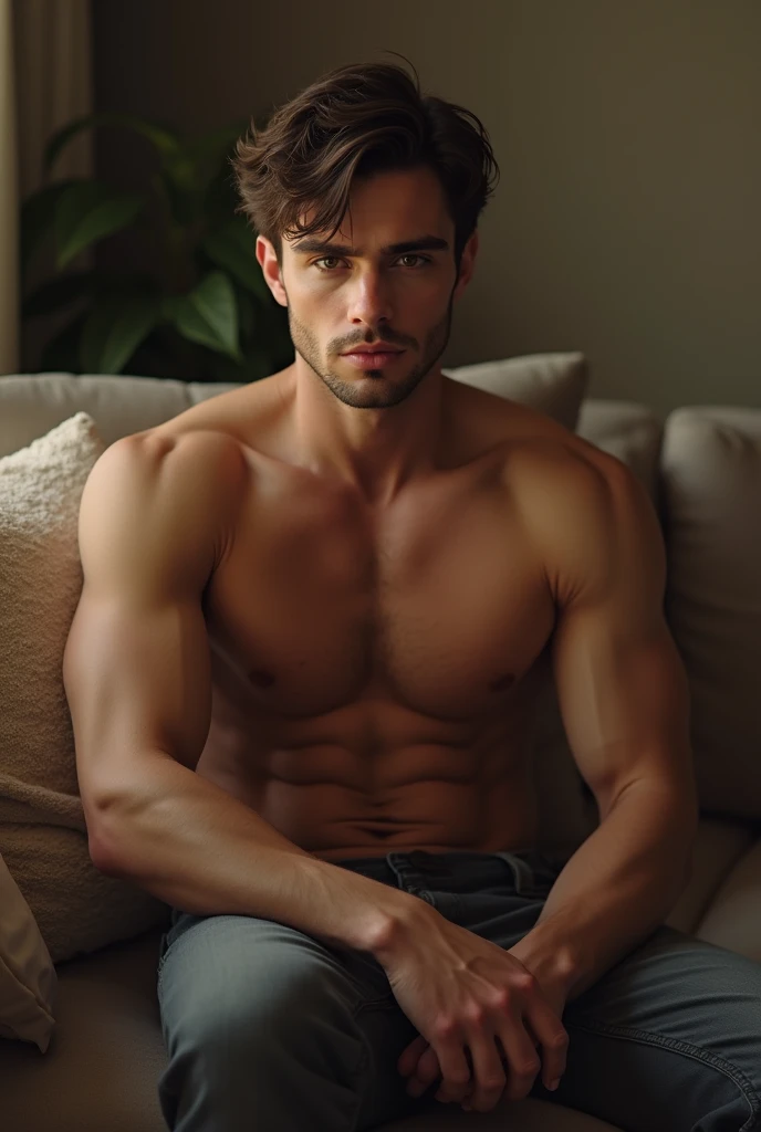 a man, slightly muscular, with brown hair and eyes, shirtless, , sitting on the sofa in the living room