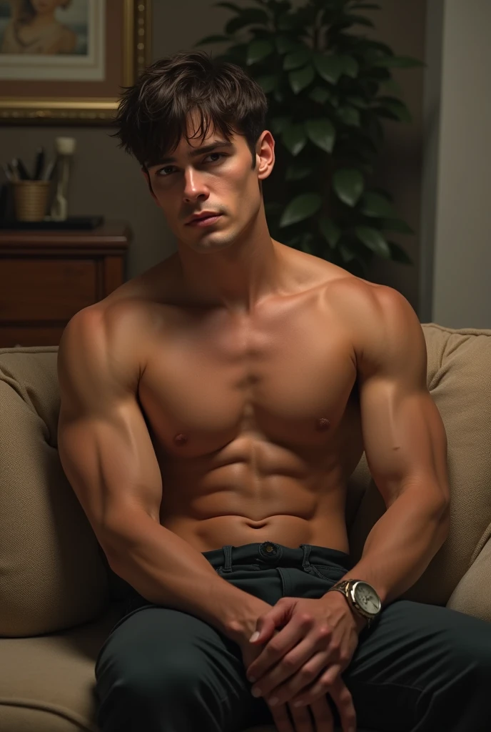 a man, slightly muscular, with brown hair and eyes, shirtless, naked, sitting on the sofa in the living room