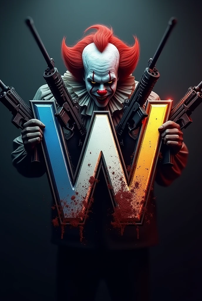 A logo that has the letter W that has blue color, white, black and gold with call of duty game theme carrying classic weapons with a bloody clown behind with classic weapons 