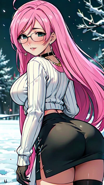 Masterpiece, beautiful art, professional artist, 8k, art style by sciamano240, very detailed face, very detailed hair, very detailed clothes, 1girl, perfectly drawn body, beautiful face, long hair, pink hair , very detailed green vertical eyes, square glasses, pouty lips , rosey cheeks, intricate details in eyes, extreme close up of face, see only head and neck, staring directly at viewer, wearing cute winter clothes, white sweater, winter coat, necklace, choker, earrings, gloves, black pencil skirt, black tigh boots, wedding ring, big wide grin, in love with the viewer expression, sunny winter setting, walking outside, rear view,