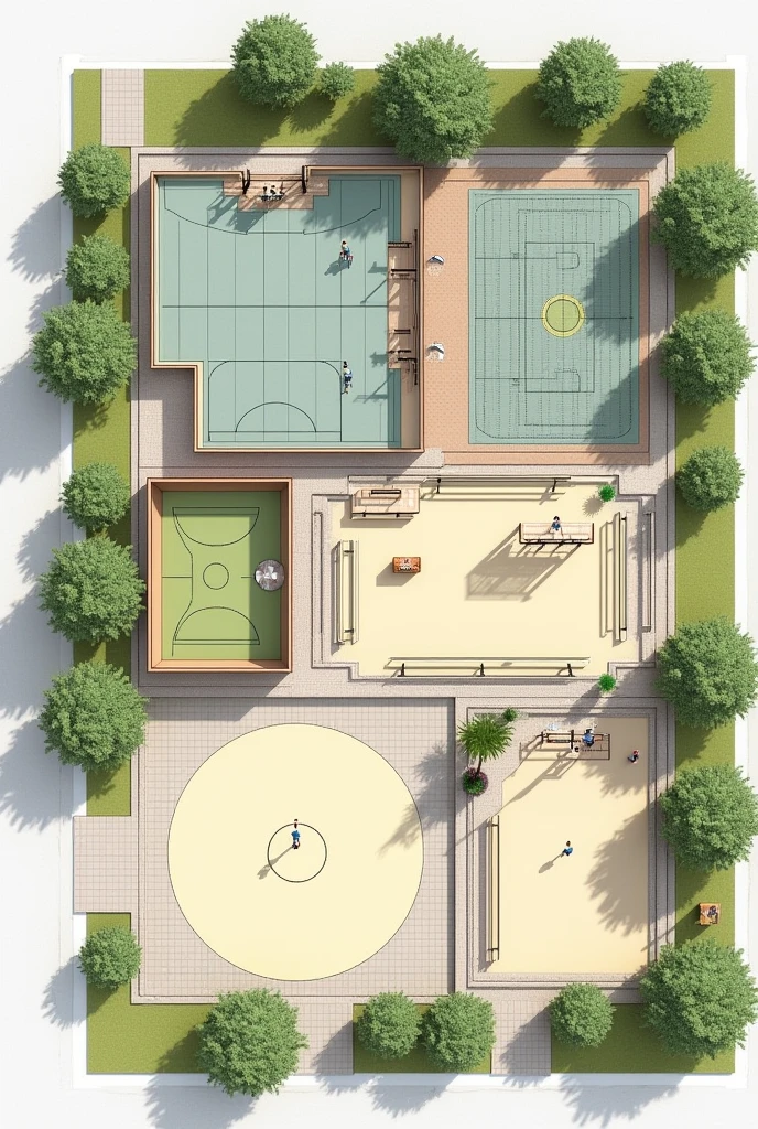 architectural plan of an outdoor gym attached to a basketball court, also a sand volleyball court, leisure area and fixed bars