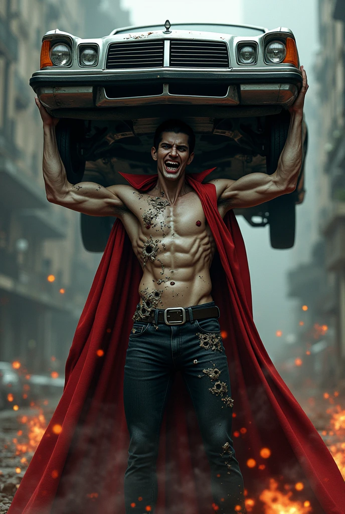 Sexy girl in lingerie, short black hair, blue eyes, big buttocks, muscular, socks, Boots, Undead vampire lifts car over her head with super strength, smiling with fangs, His entire body is riddled with bullet holes that crush against his impenetrable steel skin and the bullets fall to the ground deformed. He has a long red cape completely riddled with bullets.. "Many grenade explosions all over his indestructible body."