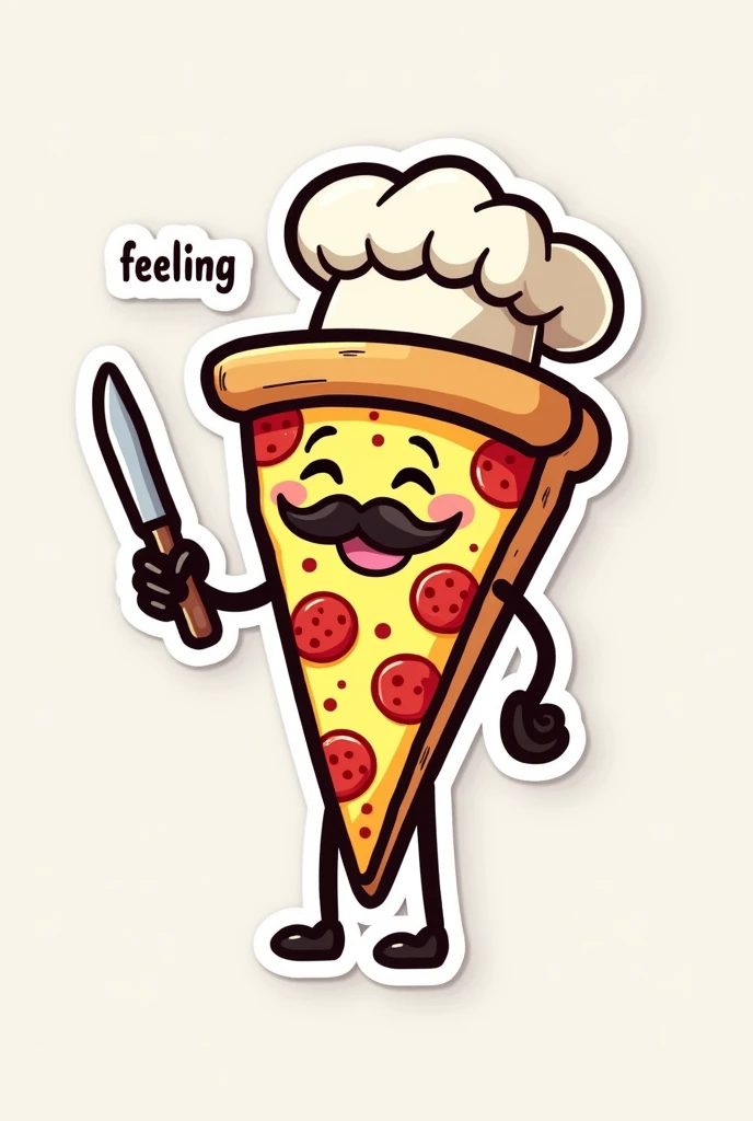 Sticker of a slice of pizza with a mustache and a chef's hat with feet and hands with a knife. what say "feeling ". cool guy. happy. Not tender. don't anime