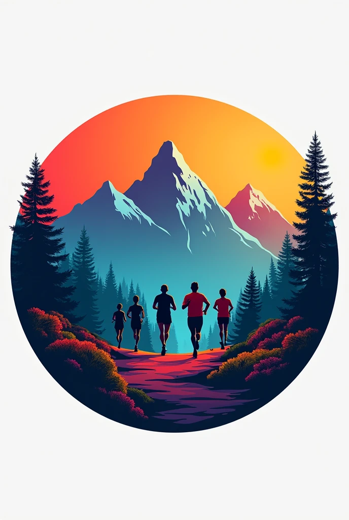 A minimalist mountain nail logo, a group of 5 people running in those mountains, that it looks more colorful and a bigger forest, Now that the logo is round and more colorful and the background can be removed
