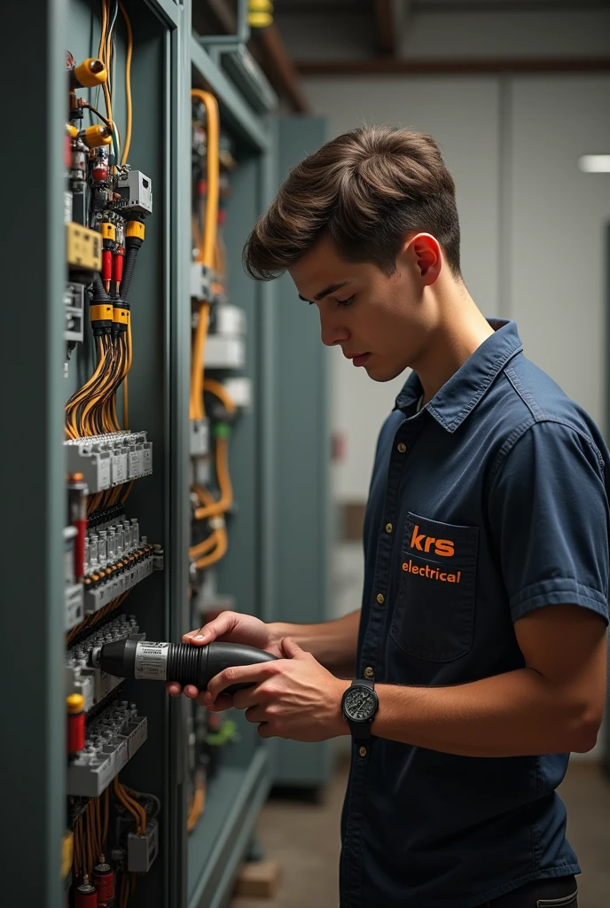 A real young man working on electrical distribution box wiring with power tool like piler and crimping machine, screw driver, multimeter with Symbol written on his shirt pocket is “KRS electrical”