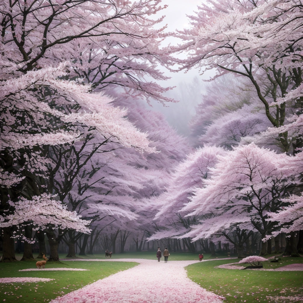 Magical forest full of cherry trees and petals on the ground, a little bit of mist and some little magical animals