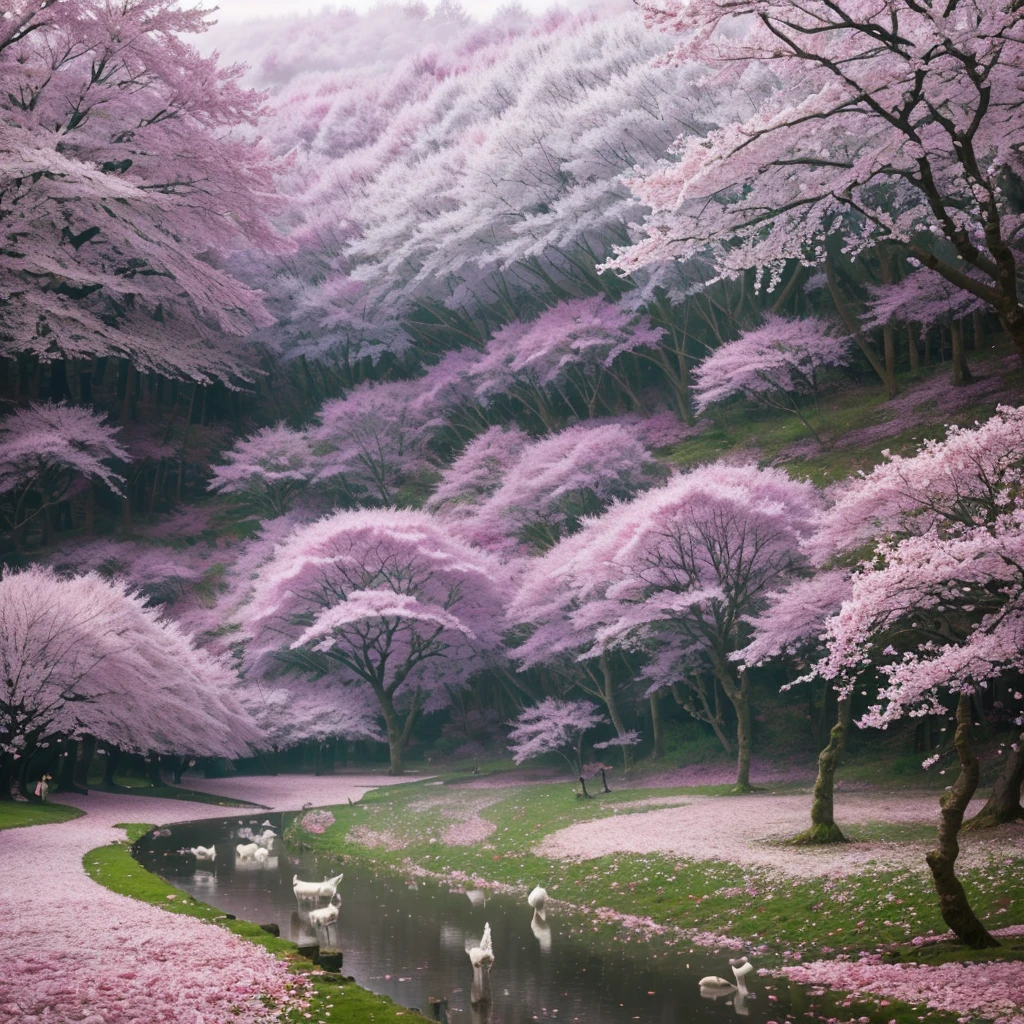 Magical forest full of cherry trees and petals on the ground, a little bit of mist and some little magical animals