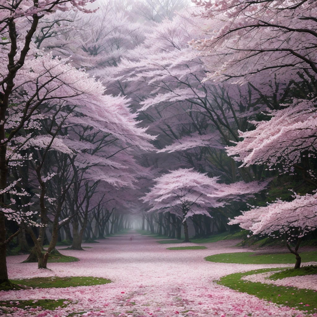 Magical forest full of cherry trees and petals on the ground, a little bit of mist and some little magical animals