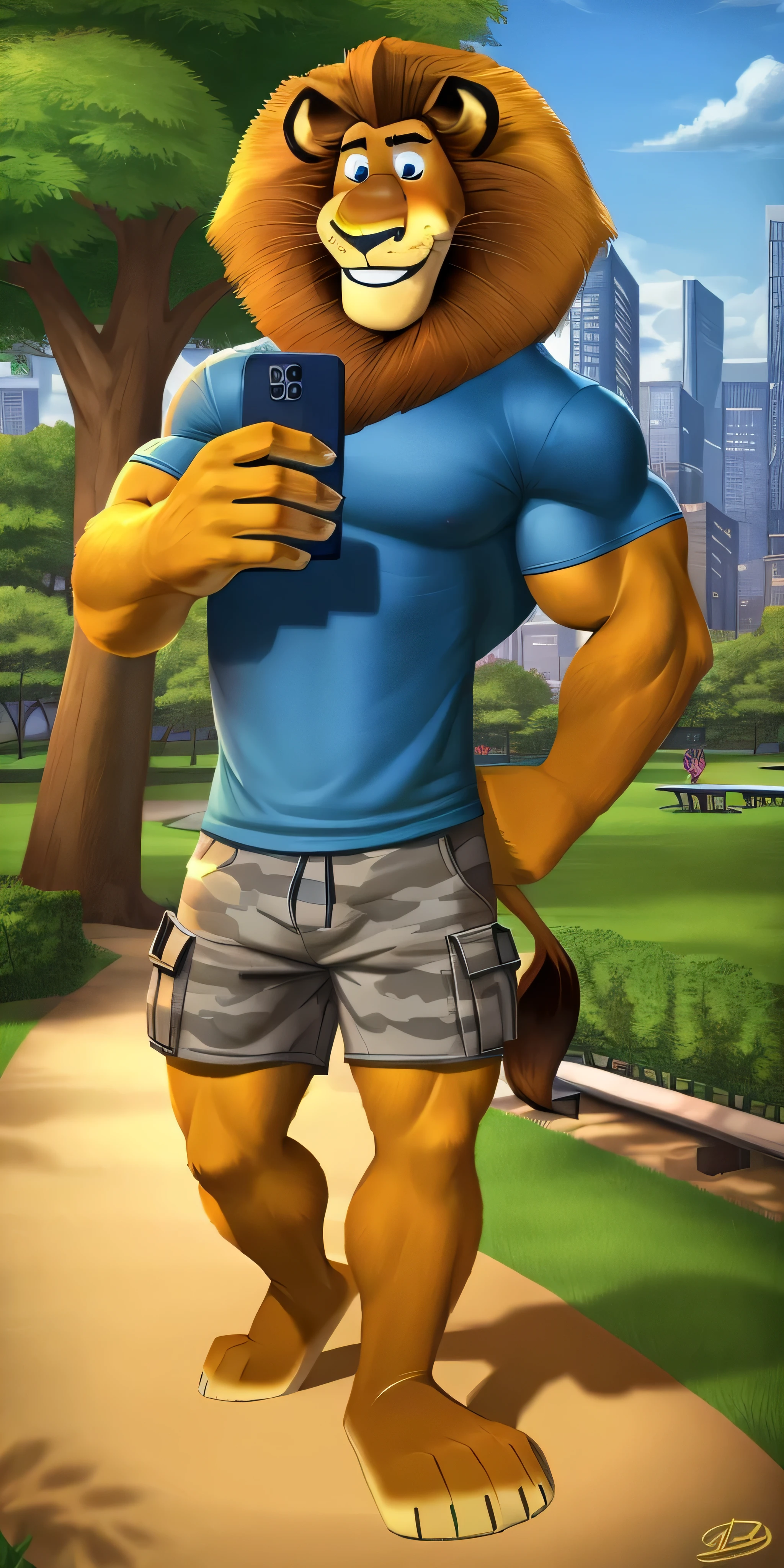 Alex the Lion, muscular body, big biceps, extremely beautiful and cute face, perfectly detailed blue eyes with perfectly detailed pupils, wears blue t-shirt, grey camouflage cargo shorts, bare feet, park background, selfie, friendly look, cute smile