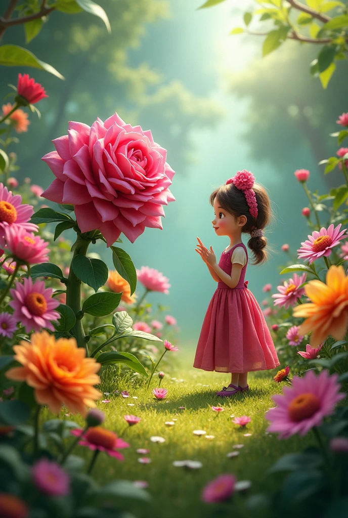 Chapter 2: The Garden of Talking Flowers Description: Sofia arrives in a garden where the flowers talk and have distinct personalities. She talks to a very wise rose and learns about the importance of kindness.. imageio: A vibrant garden with flowers of various colors and lively expressions, talking to Sofia