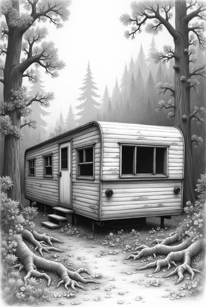 Pencil sketch of an abandoned mobile home in the middle of the forest