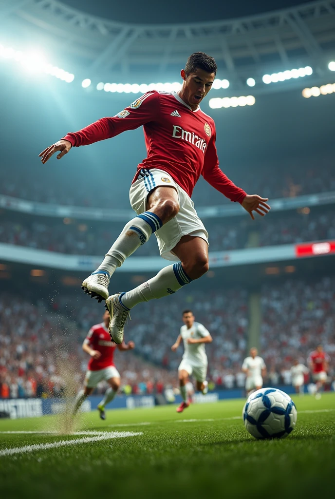 Create an image of CR7 scoring a bicycle kick goal against Real Madrid by making a volley goal