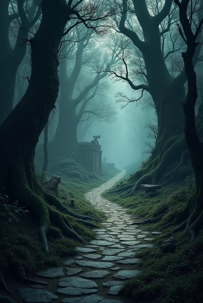 create a dark dark forest, with stone road on 2d platform