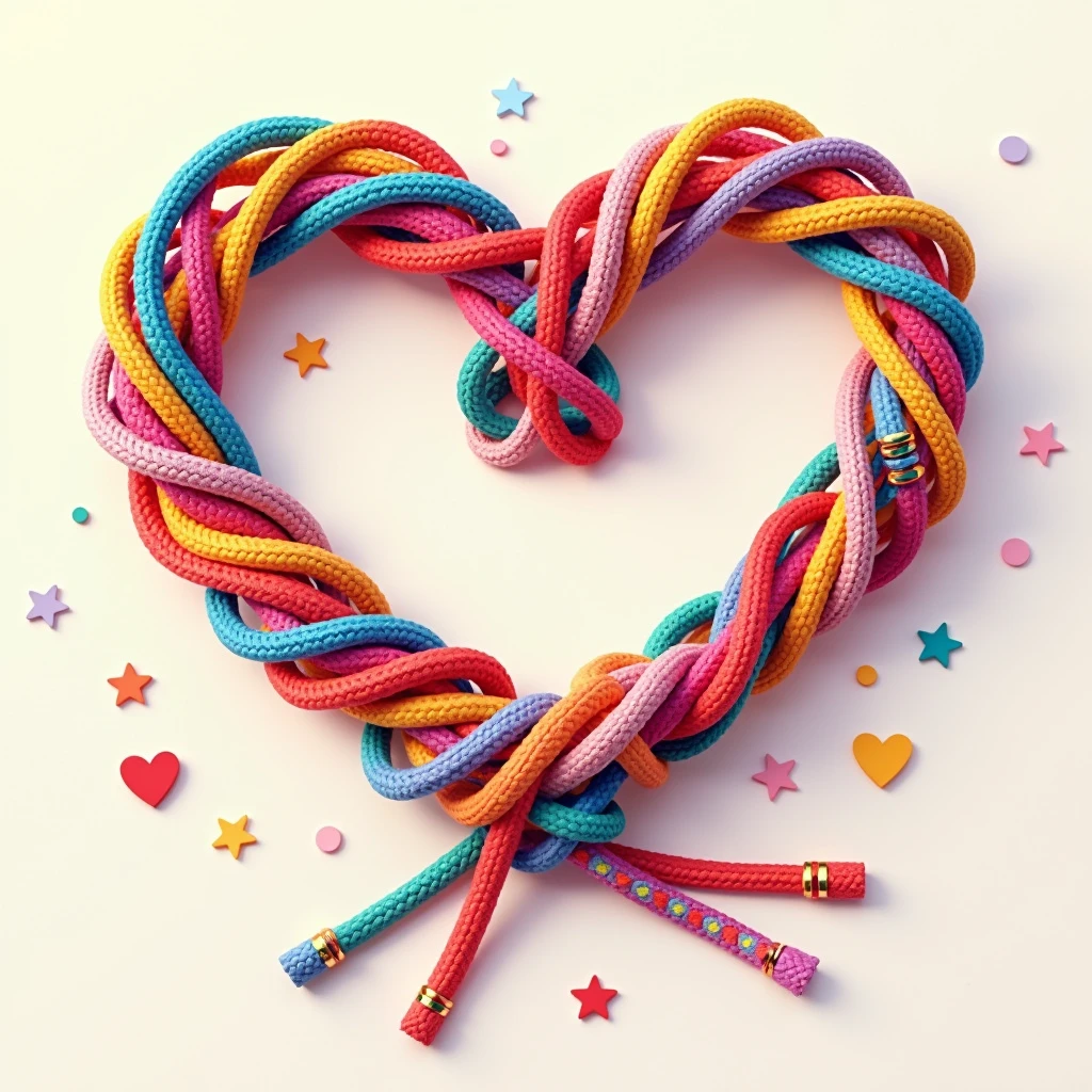 Draw several friendship bracelets intertwined to form a heart, with colorful bead details and star and heart shaped pendants.