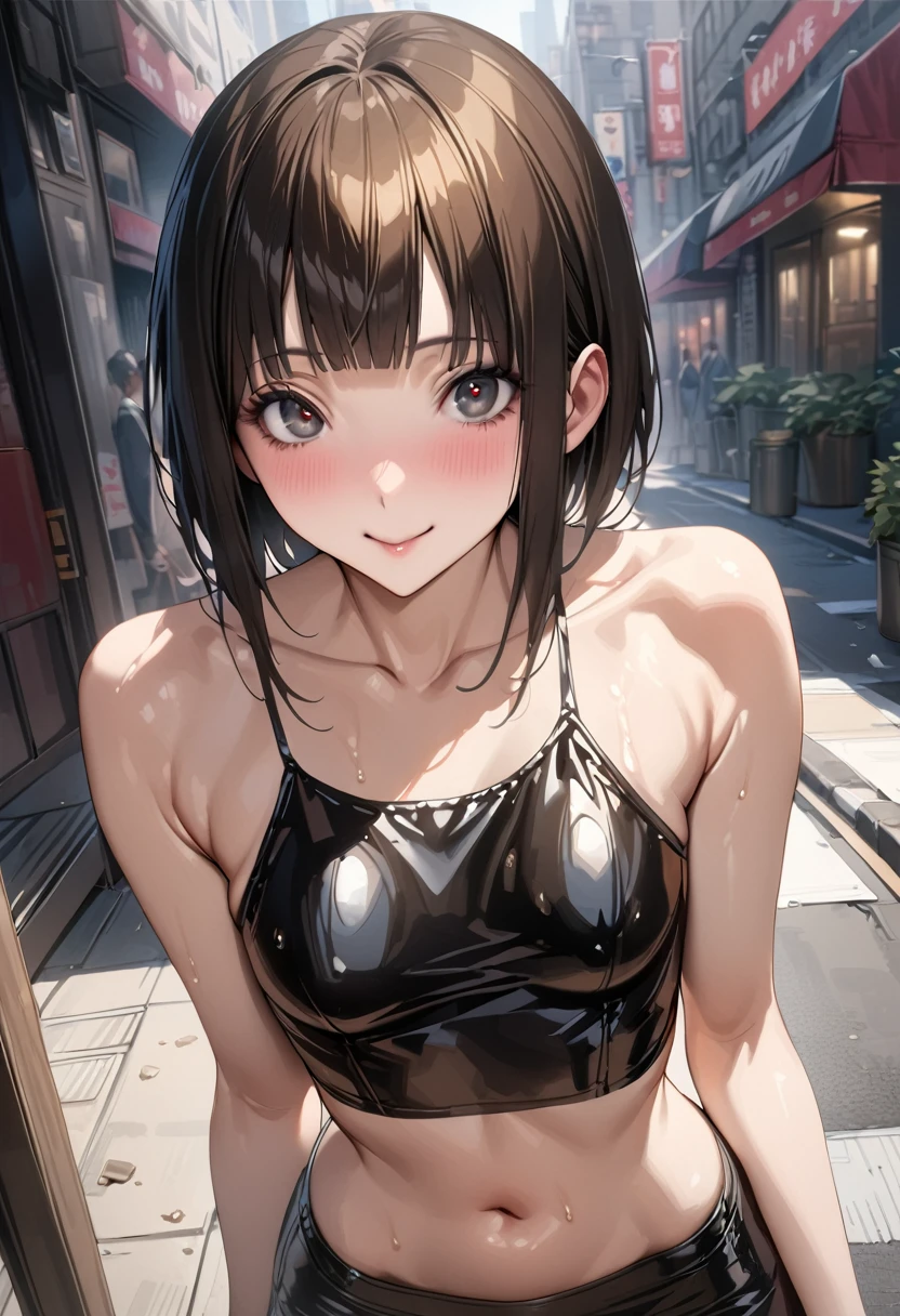 ((masterpiece,best quality anime,Highest quality:1.3)),realistic,upper body,1woman,(30 year old beauty),((very small head:1.4)),((very long body:1.4)),(short bob hair),black hair,(gorgeous big eyes),black eyes,smile,((slender body:1.4,skinny:1.3)),medium breasts(Punk Fashion、navel、Black tank top,Black leather mini skirt),oily skin,gleaming skin,shiny skin,standing,on street,New York City、