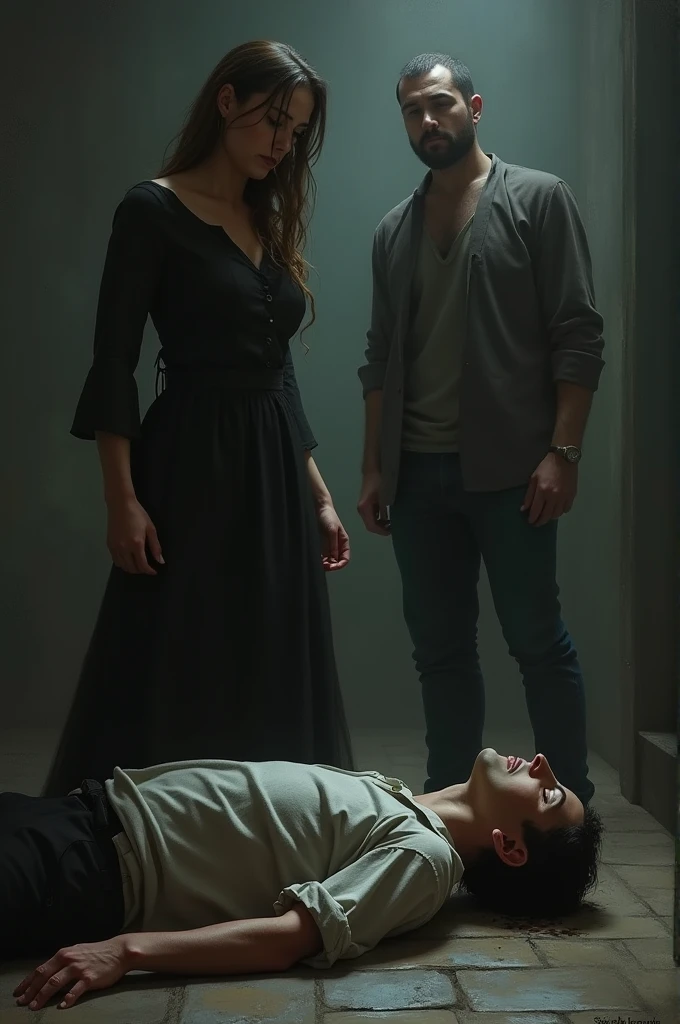 A woman and a dead man, with a man standing beside