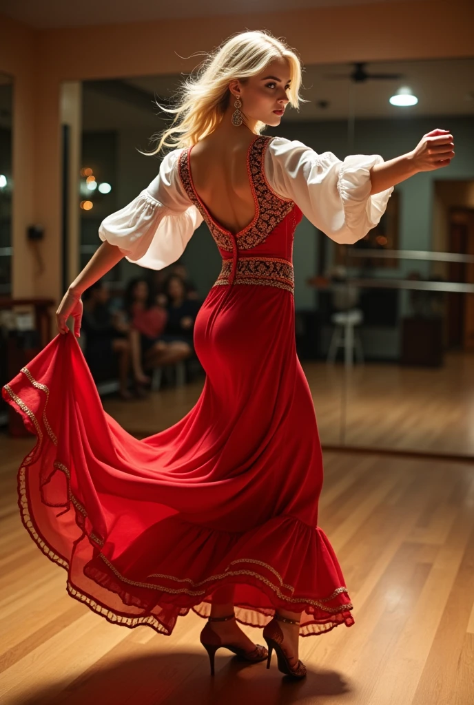 jeune femme blonde, robe traditionnel espagnol, dance salsa, mouvement, arrière plan salle de cours de dance, mannequin, gros seins, corps parfait,mince, cheveux plaqué, cheveux ondulés