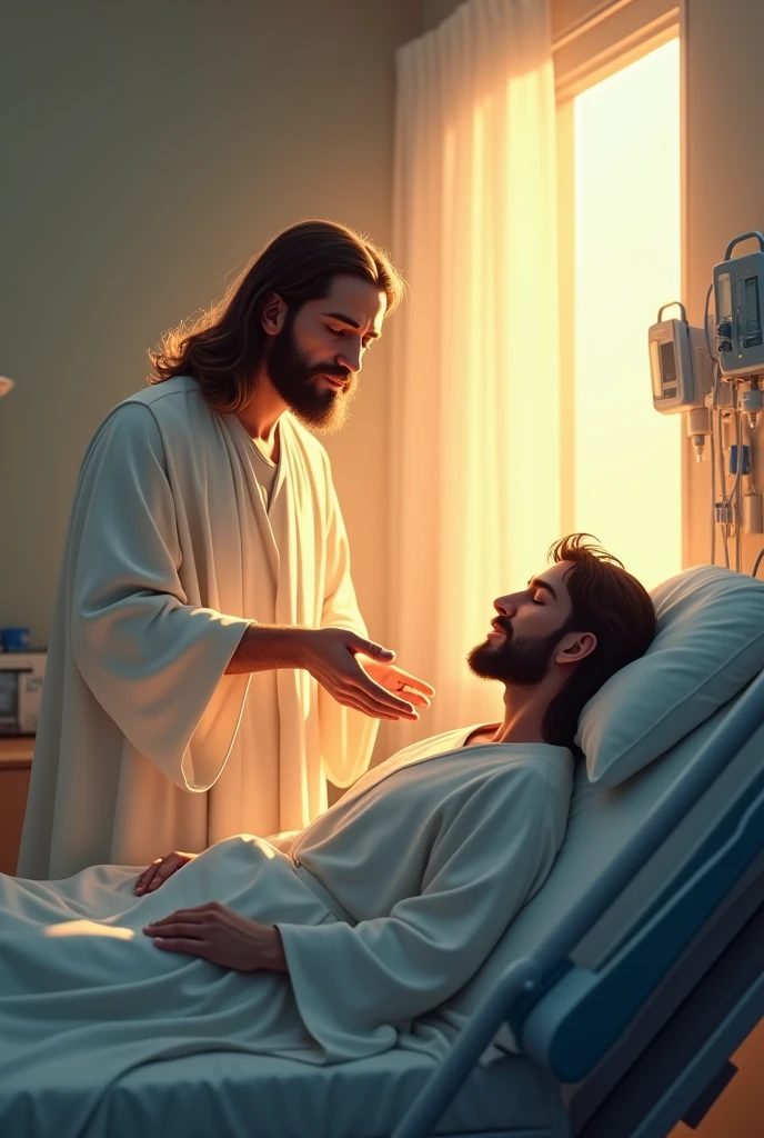 A serene and comforting scene of Jesus visiting a person in a hospital. Jesus is depicted with a gentle, compassionate expression, wearing traditional robes and a soft glow surrounding Him, indicating His divine presence. The patient is lying in a modern hospital bed, connected to medical equipment, with a peaceful look on their face, feeling comforted by the presence of Jesus. The room is softly lit, with some medical equipment in the background, and a window showing a glimpse of a sunny day outside.