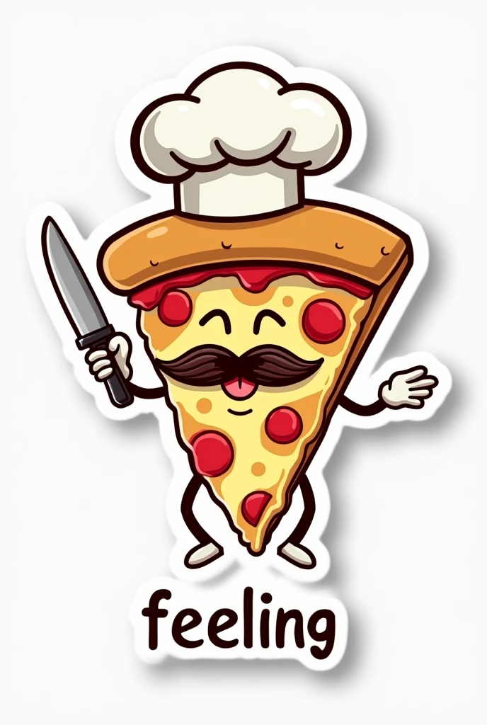 Sticker of a slice of pizza with a mustache and a chef's hat with feet and hands with a knife. what say "feeling ". cool guy. happy. Not tender. don't anime