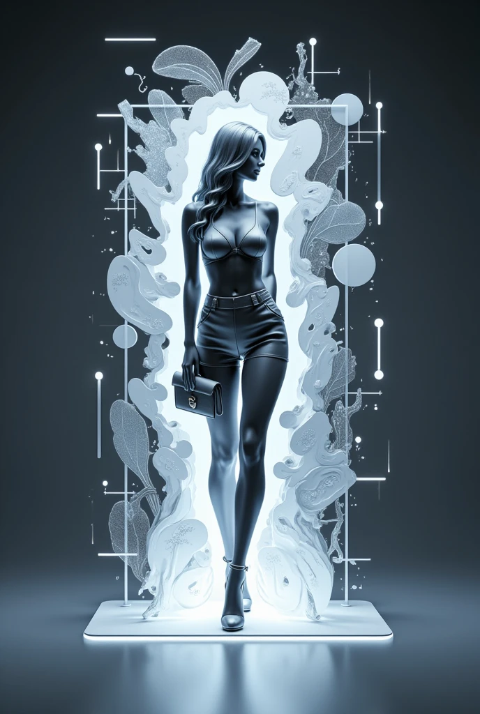 A modern and futuristic 3D style logo, highlighting the name "BIGURILHAS". The brand features a silhouette of an elegant woman dressed in a variety of outfits, representing the diversity of products offered. The three-dimensional drawing is illuminated by a silvery glow, giving a feeling of luxury and quality. The background is composed of abstract geometric shapes, that symbolize the innovation and creativity of clothing manufacturing.
