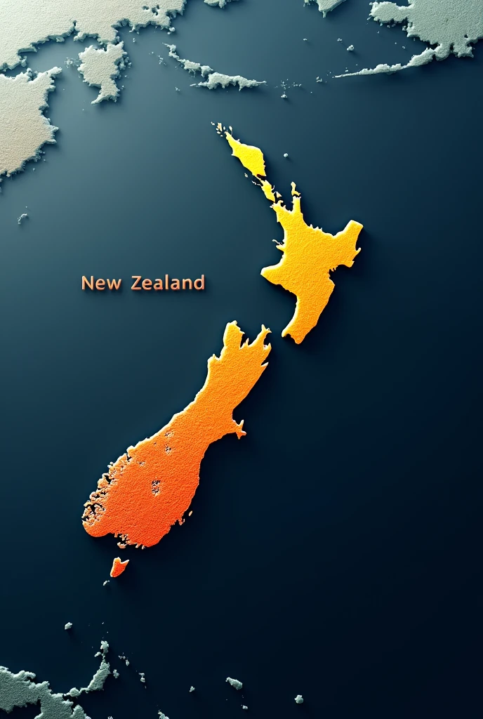 Highlight the new zealand map from google earth with orange color and add a text new zealand in this orange color with black color and ocean around it. 