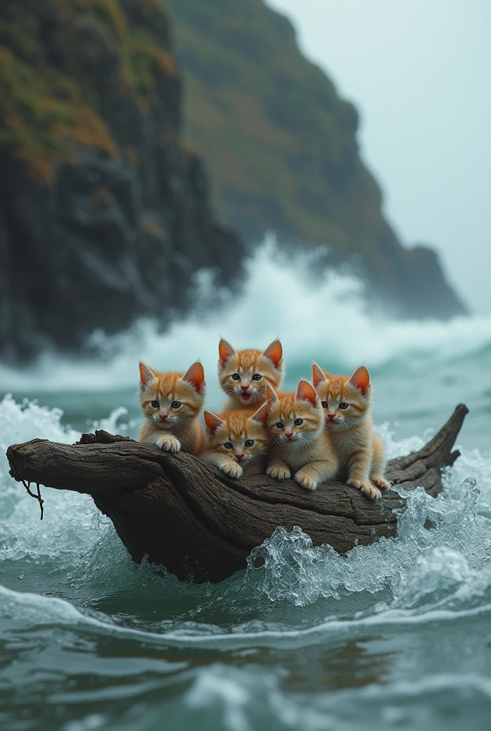 Near a rocky shoreline, eight small baby cats are stranded on a piece of driftwood, floating precariously in the choppy waves. They meow frantically, clinging to each other as the water rises around them.
