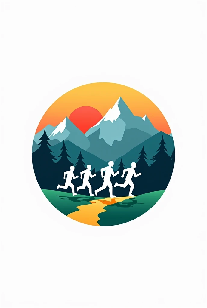 A minimalist mountain nail logo, a group of 5 people running in those mountains, that it looks more colorful and a bigger forest, Now that the logo is round and more colorful and with a white background
