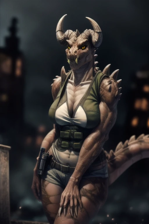 a highly detailed and incredibly realistic anthro deathclaw girl, 1girl, realistic scales, green scaled skin, yellow eyes, black lips, black ram horns, long tail, bulletproof vest, holding rusty gun, ruined city background, looking directly at viewer, photorealistic, 4k, best quality, masterpiece, ultra-detailed, physically-based rendering, vivid colors, HDR