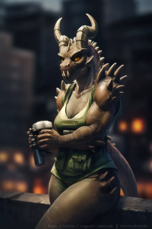 a highly detailed and incredibly realistic anthro deathclaw girl, 1girl, realistic scales, green scaled skin, yellow eyes, black lips, black ram horns, long tail, bulletproof vest, holding rusty gun, ruined city background, looking directly at viewer, photorealistic, 4k, best quality, masterpiece, ultra-detailed, physically-based rendering, vivid colors, HDR