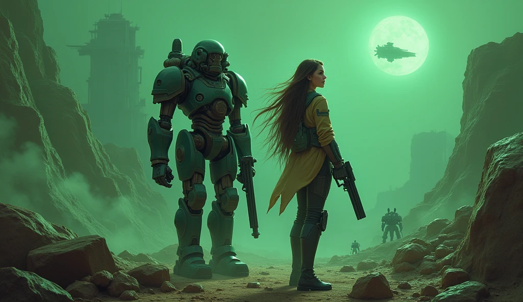 space middle ages, adeptus mechanicus, 1 girl,1 robot в котором человек, robot, plasma pistol, planet cronus, Mountainous terrain, unknown planet, green color, in the background there are beetles from underground, long hair, a fortress is flying in the sky