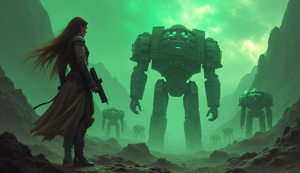 space middle ages, adeptus mechanicus, 1 girl,1 robot в котором человек, robot, plasma pistol, planet cronus, Mountainous terrain, unknown planet, green color, in the background there are beetles from underground, long hair, a fortress is flying in the sky