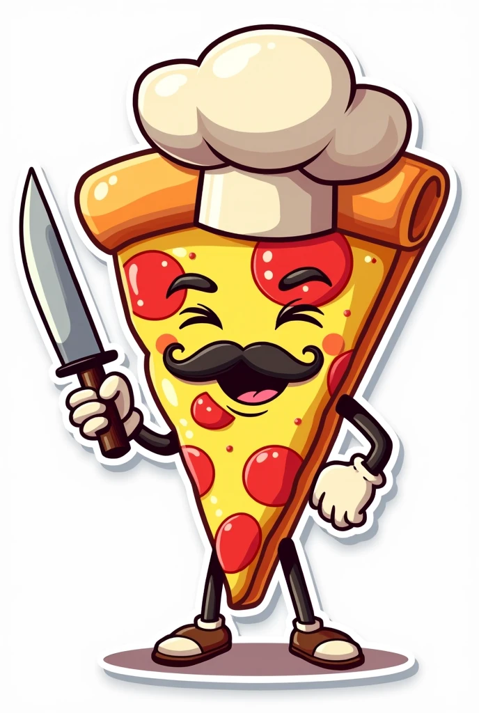 Sticker of a slice of pizza with a mustache and a chef's hat with feet and hands with a knife. what say "feeling ". cool guy. happy. don't anime