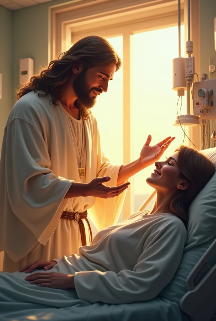 A serene and comforting scene of Jesus visiting a person in a hospital. Jesus is depicted with a gentle, compassionate expression, wearing traditional robes and a soft glow surrounding Him, indicating His divine presence. The patient is lying in a modern hospital bed, connected to medical equipment, with a peaceful look on their face, feeling comforted by the presence of Jesus. The room is softly lit, with some medical equipment in the background, and a window showing a glimpse of a sunny day outside.