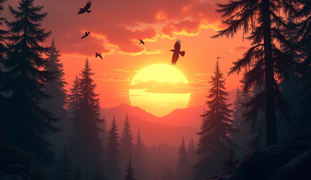 A sunset in a forest, crows, spectacular sky and sunset, cinematographic quality, very detailed landscape. intricate details, HdR, beautifully filmed, Hyper realistic, sharp focus,  megapixels, perfect composition, high contrast, cinematographic, atmospheric, moody. Detailed matte paint, deep color, Fantastic, intricate detail, complementary colors, Fantasy concept art, 8k resolution is trending in Artstation Unreal Engine 5.