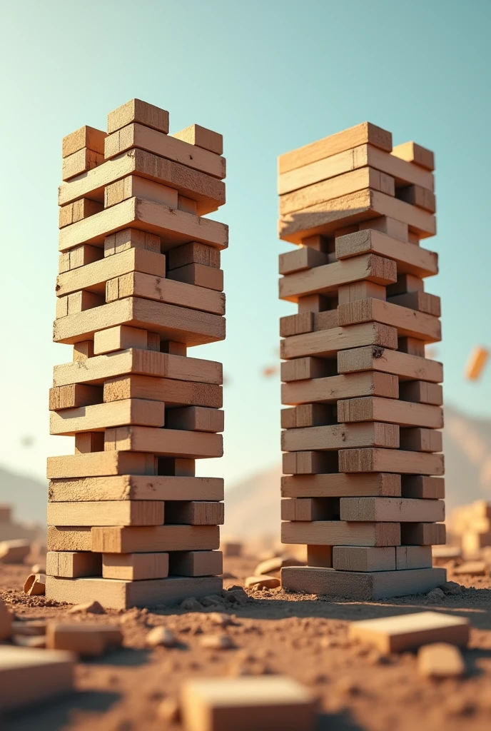 Ballistic warfare between 2 Jenga towers, one is half full