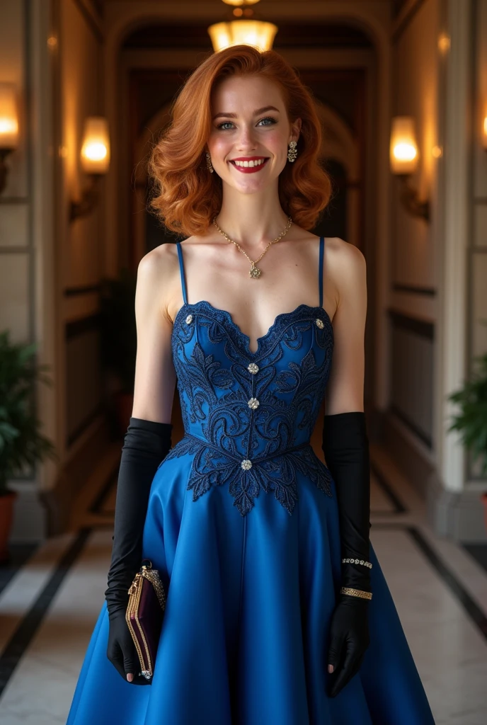 120 sizr film. 80mm Hasselblad lens. full body photo of a charming, slim and athletic Israeli Ashkenazi Jewish woman. 19 years-old. chin length 1950s style wavy and permed side parted auburn hair. blue eyes. Evening makeup. black eyeliner. rich red painted lips. freckles. Wearing long elegant cobalt blue winter weight swing ball gown with embroidered waist. very Long tight black satin opera gloves. topaz cuff bracelet. small star of david pendant necklace. Standing in art nouveau entry hall of old mansion in Lyons. night. Holding clutch. facing forward. happy expression. beaming.