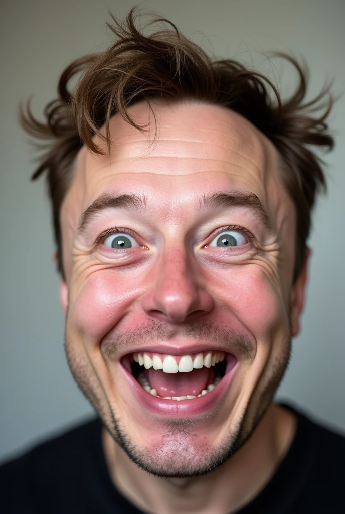 In a candid snapshot, Elon Musk's face lights up in genuine surprise, a wide smile revealing his joy. His piercing eyes sparkle with excitement, and a hint of mischief plays on his lips. The high-resolution photograph captures every fine detail, from the subtle crinkles around his eyes to the slight dimple in his cheek. Musk's tousled hair adds to the charm of the image, giving him a relatable, approachable air. This professionally shot photograph exudes warmth and authenticity, making viewers feel as if they are sharing a lighthearted moment with the renowned entrepreneur.