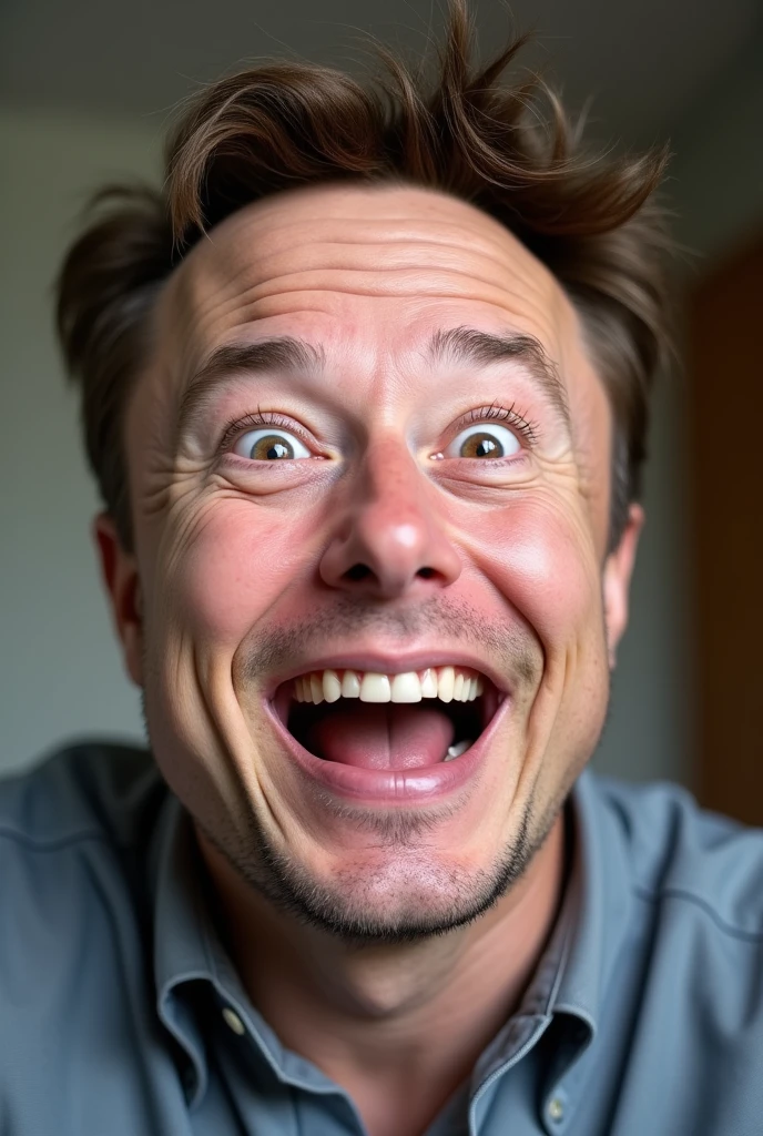 In a candid snapshot, Elon Musk's face lights up in genuine surprise, a wide smile revealing his joy. His piercing eyes sparkle with excitement, and a hint of mischief plays on his lips. The high-resolution photograph captures every fine detail, from the subtle crinkles around his eyes to the slight dimple in his cheek. Musk's tousled hair adds to the charm of the image, giving him a relatable, approachable air. This professionally shot photograph exudes warmth and authenticity, making viewers feel as if they are sharing a lighthearted moment with the renowned entrepreneur.
