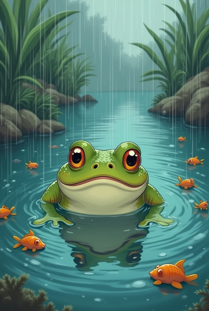 Sticking out of the water，there are fish in the water，Wet day，There are ripples in the water,  cute frog, Deformation,（Ghibli style） 